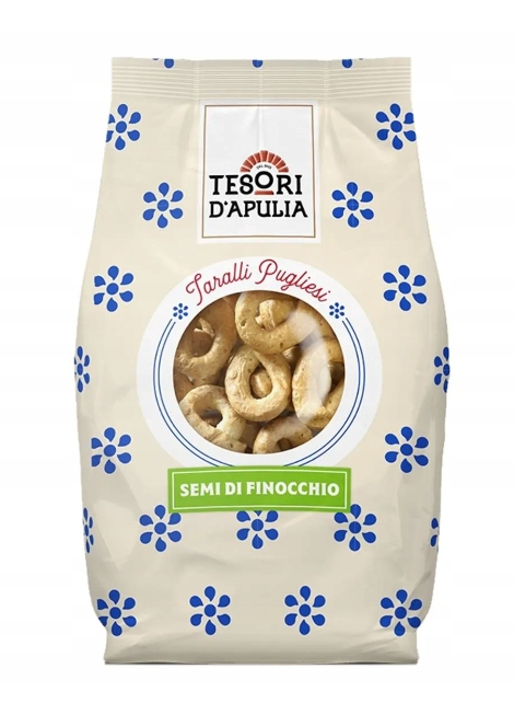 Опаковка 400 г Tesori D’Apulia Taralli Gusto Finocchio – хрупкави крекери с копър.