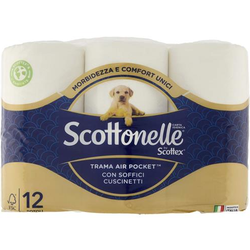Тоалетна хартия Scottonelle – 12 бели ролки в опаковка.