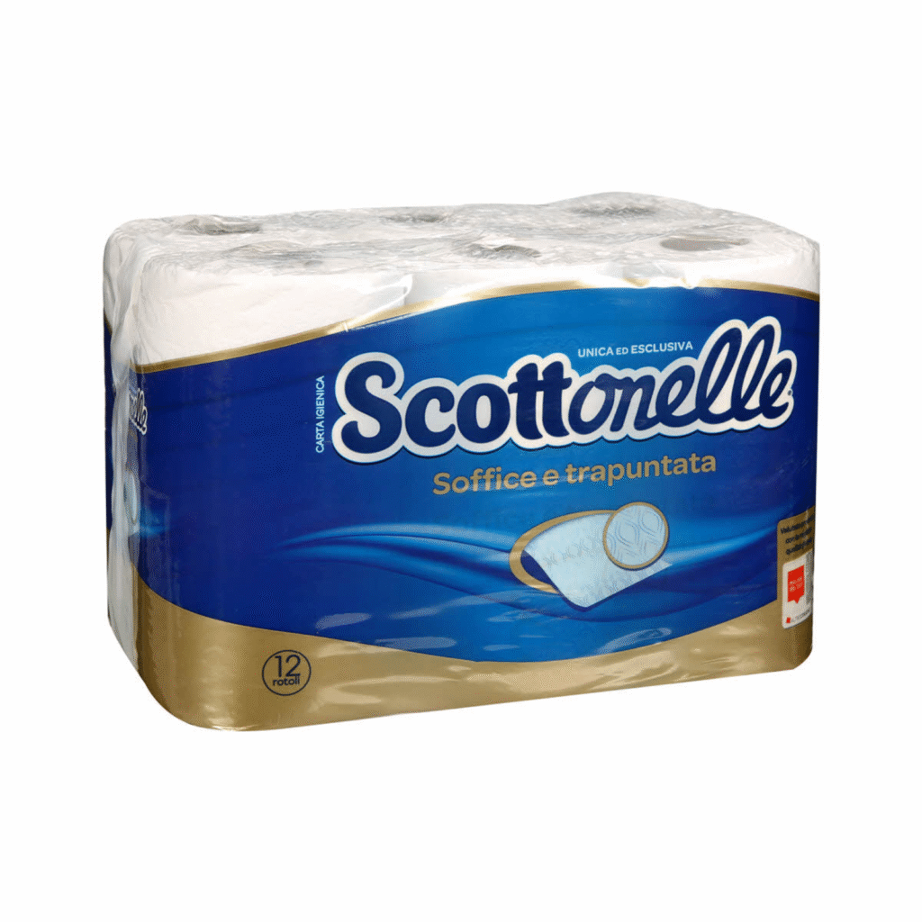 Тоалетна хартия Scottonelle – 12 бели ролки в опаковка.