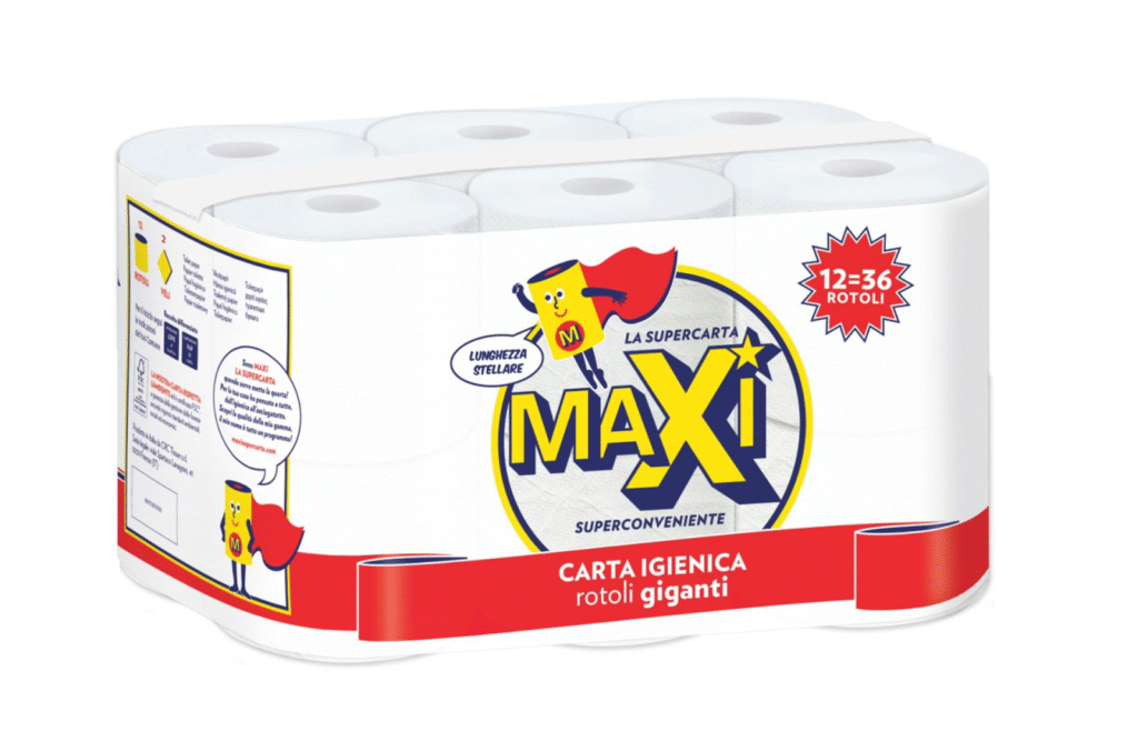 Комплект от 12 гигантски ролки тоалетна хартия Maxi Carta Igienica – 2-пластова, в практична опаковка.