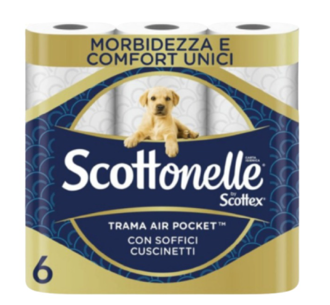 Тоалетна хартия Scottonelle – 6 бели рула в опаковка, поставени на бял фон.