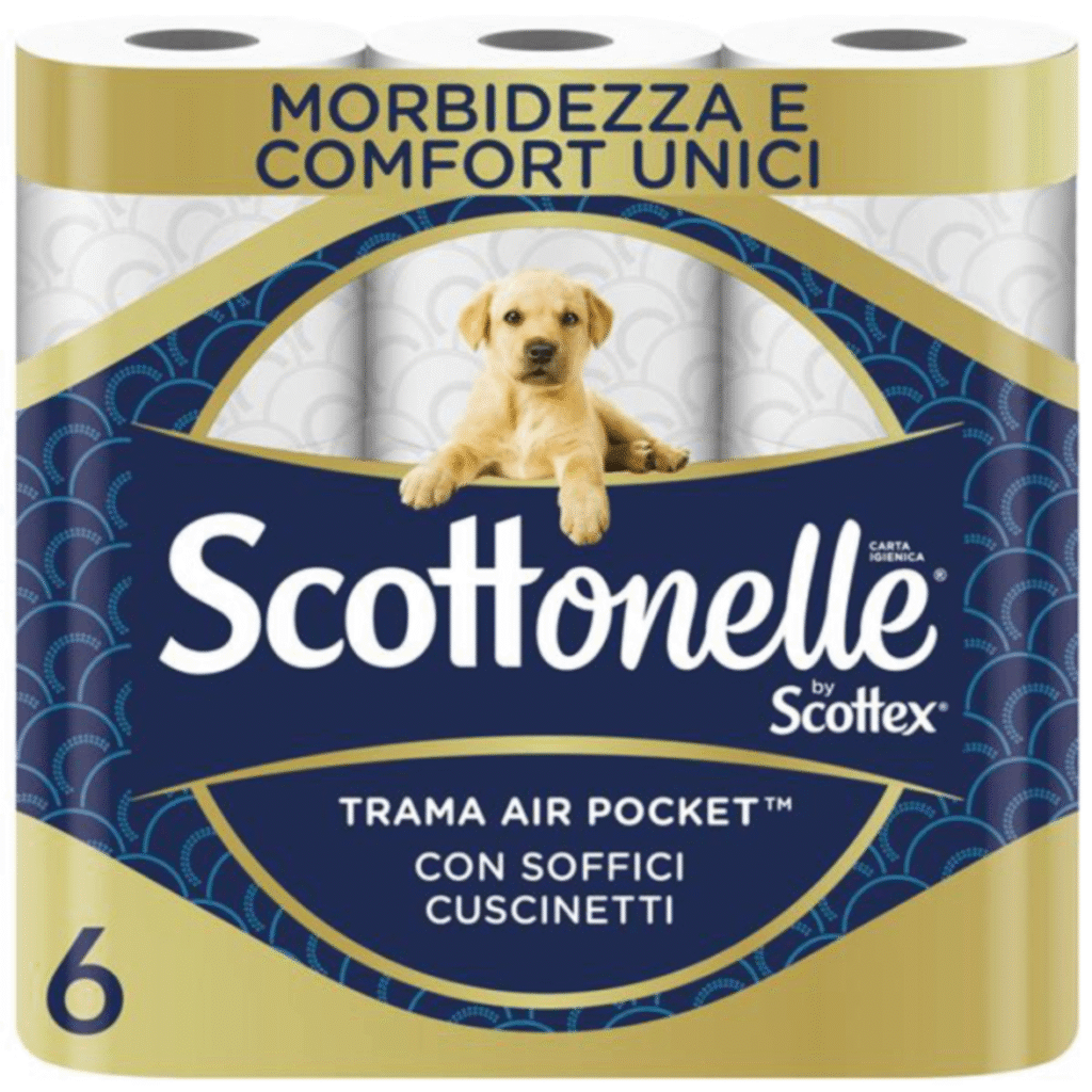 Тоалетна хартия Scottonelle – 12 бели рула в опаковка, поставени на бял фон.