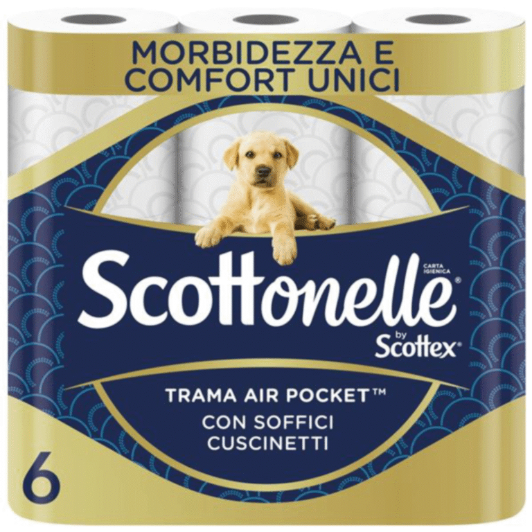 Тоалетна хартия Scottonelle – 12 бели рула в опаковка, поставени на бял фон.