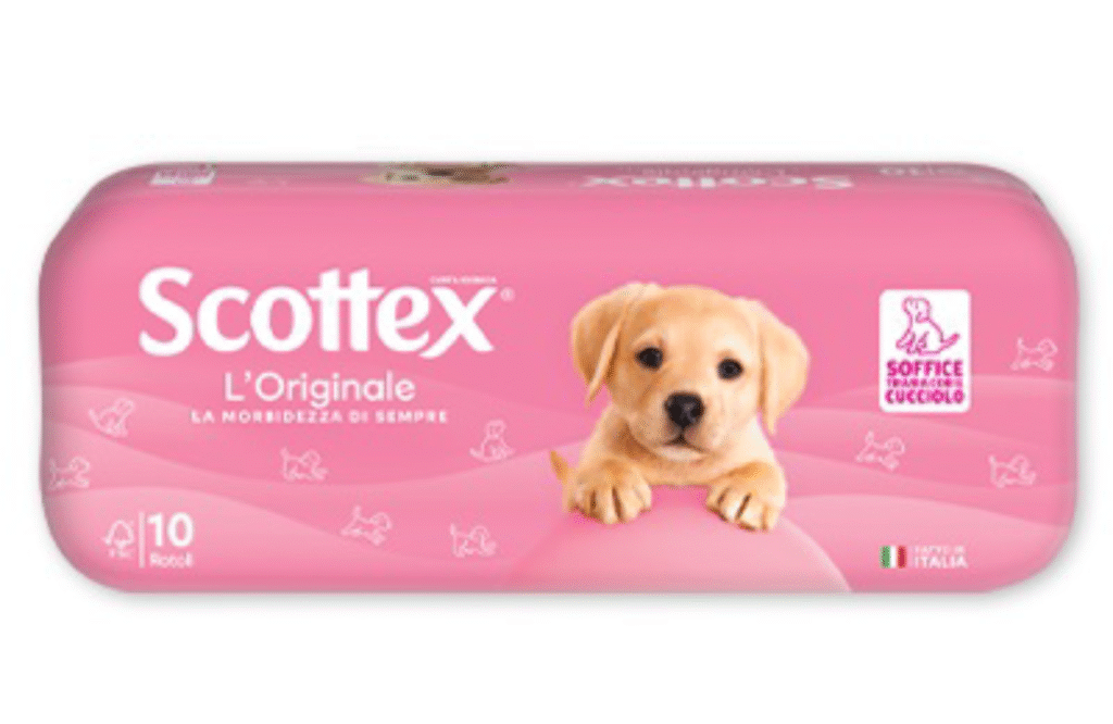 Опаковка с 10 рула тоалетна хартия Scottex на бял фон.
