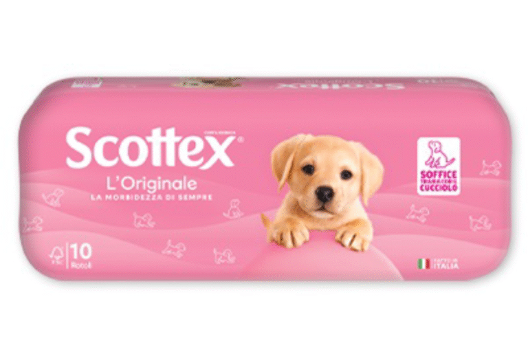 Опаковка с 10 рула тоалетна хартия Scottex на бял фон.