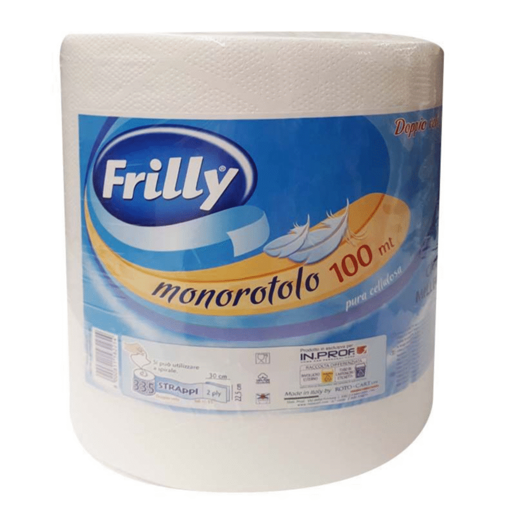 Голямо руло кухненска хартия Frilly Bobina Monorotolo с етикет M100 и 335 откъса.
