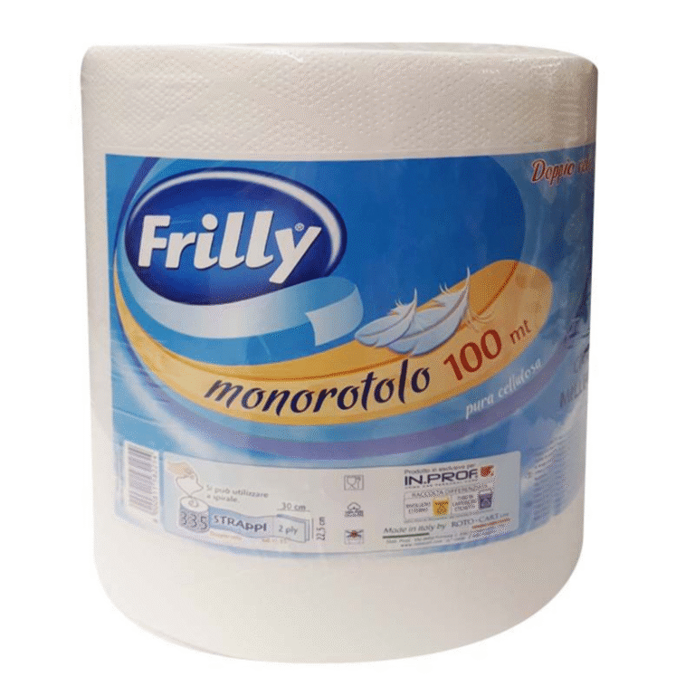 Голямо руло кухненска хартия Frilly Bobina Monorotolo с етикет M100 и 335 откъса.