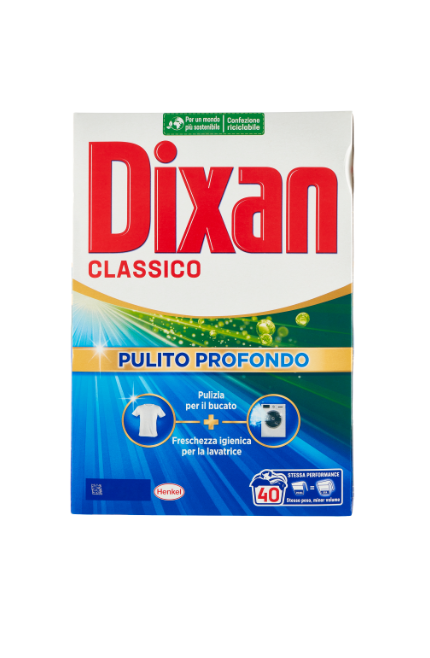 Опаковка прах за пране Dixan Laundry Drum с 40 дози (2,2 кг) на бял фон.