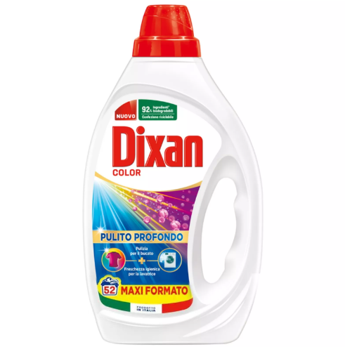 Бутилка течен перилен препарат Dixan Color 2340 ml с етикет за 52 пранета.