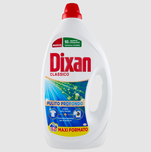 Бутилка течен перилен препарат Dixan Classico 2340 ml с етикет за 52 пранета.