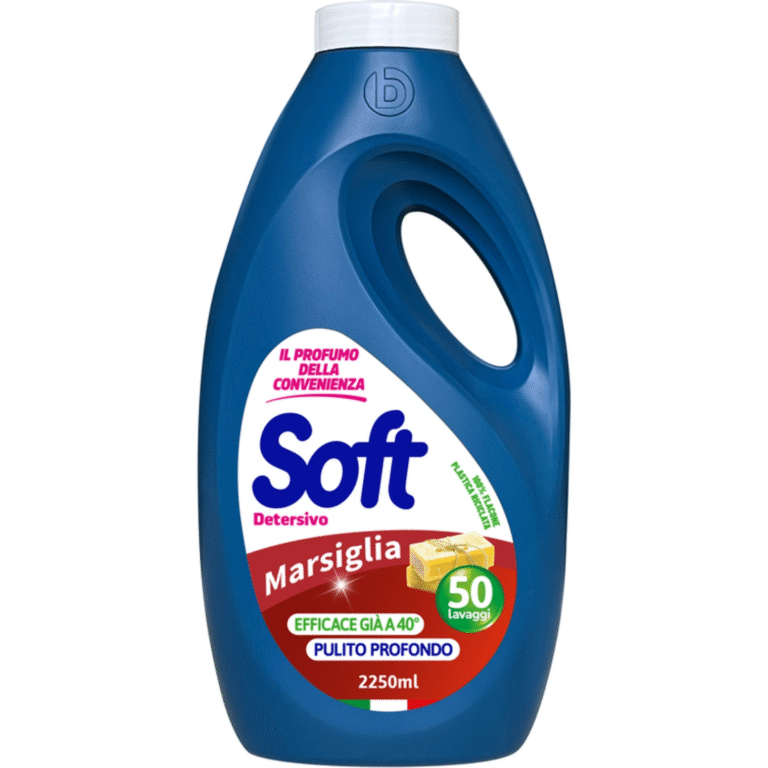 Бутилка течен перилен препарат Soft Marsiglia 2250 ml за 50 пранета с класически аромат.