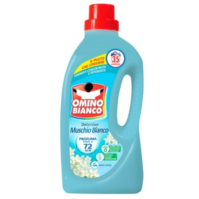 Бутилка течен перилен препарат Omino Bianco Muschio Bianco 1400 ml за 35 пранета.