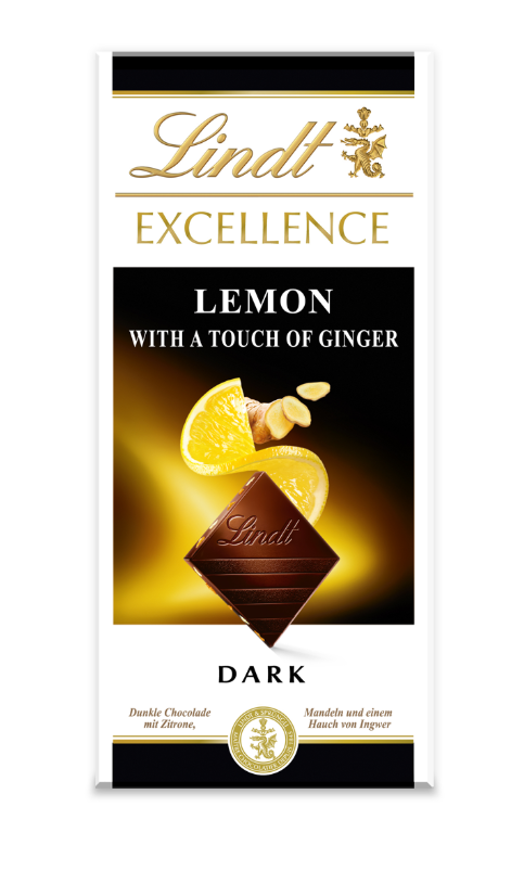Тъмен шоколад Lindt Excellence с лимон и джинджифил, 100 г опаковка
