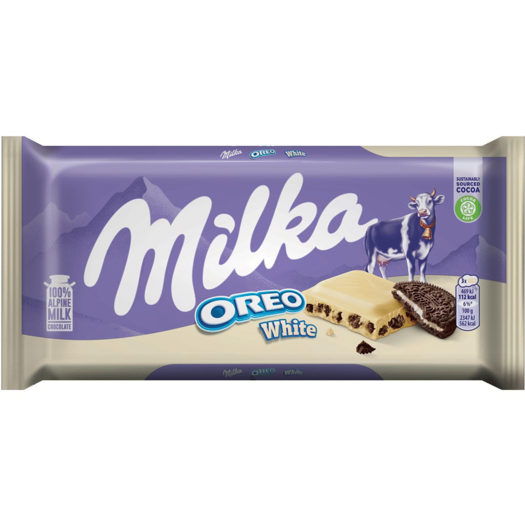 Milka Oreo White – бял шоколад с Oreo бисквити и крем, лилаво-бяла опаковка, 100 г
