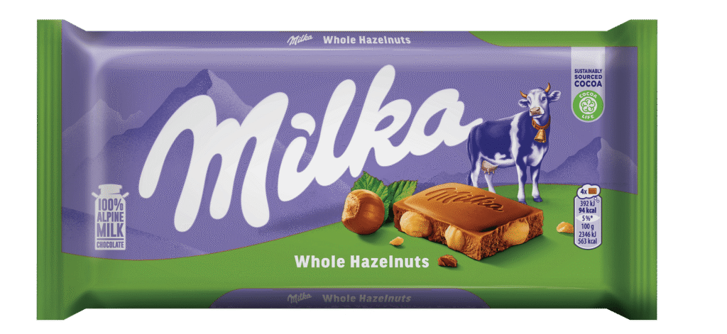 Milka млечен шоколад с цели лешници, лилава опаковка, 100 г