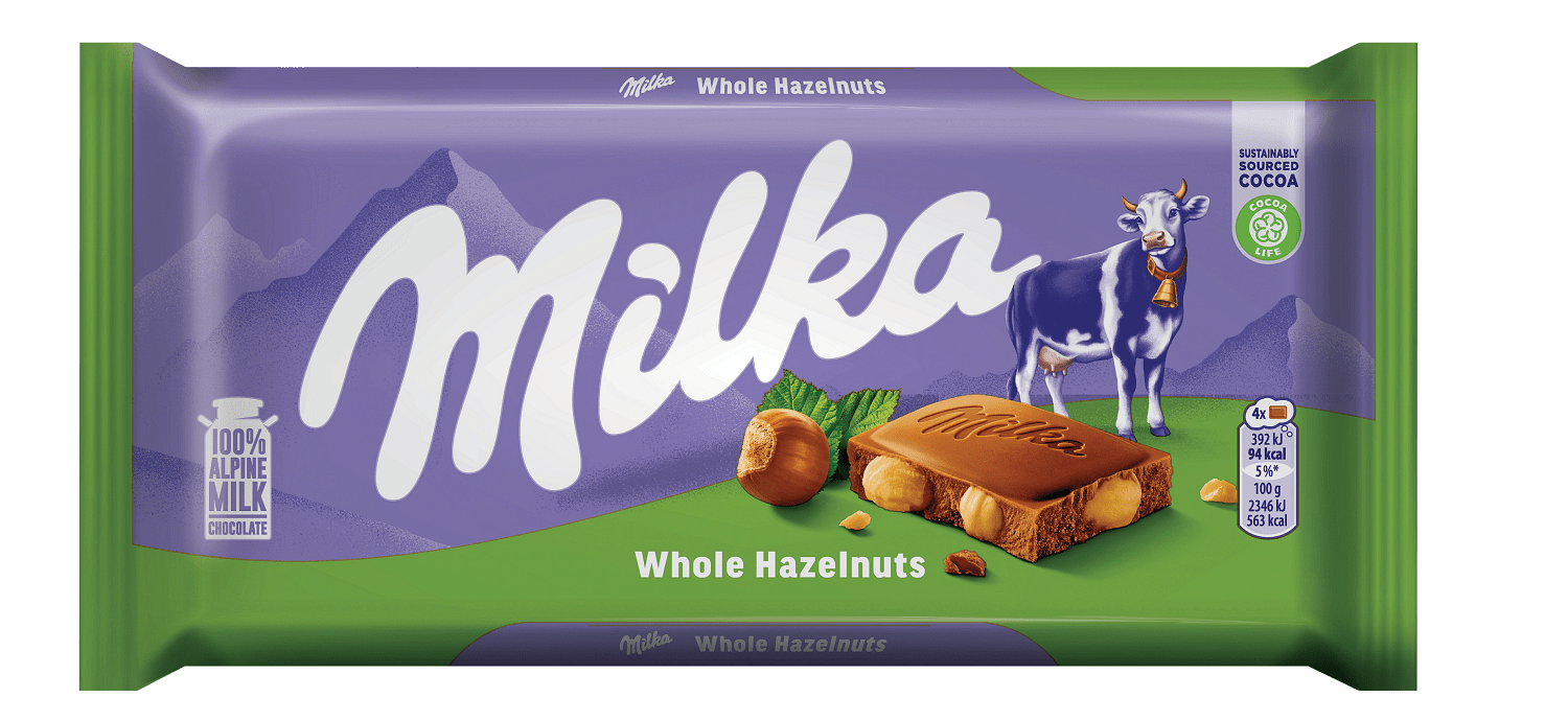 530045.png Milka млечен шоколад с цели лешници, лилава опаковка, 100 г