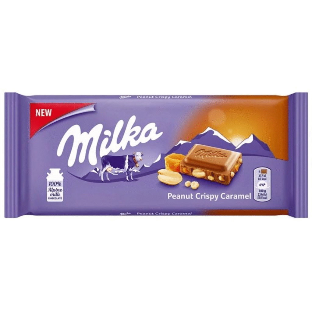 Milka млечен шоколад с фъстъци и карамел, лилава опаковка, 90 г