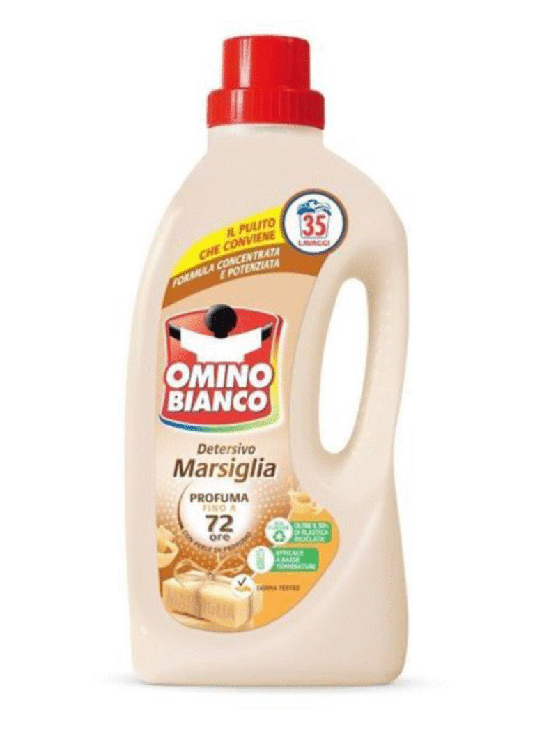 Бутилка течен перилен препарат Omino Bianco Marsiglia 1400 мл за 35 пранета.