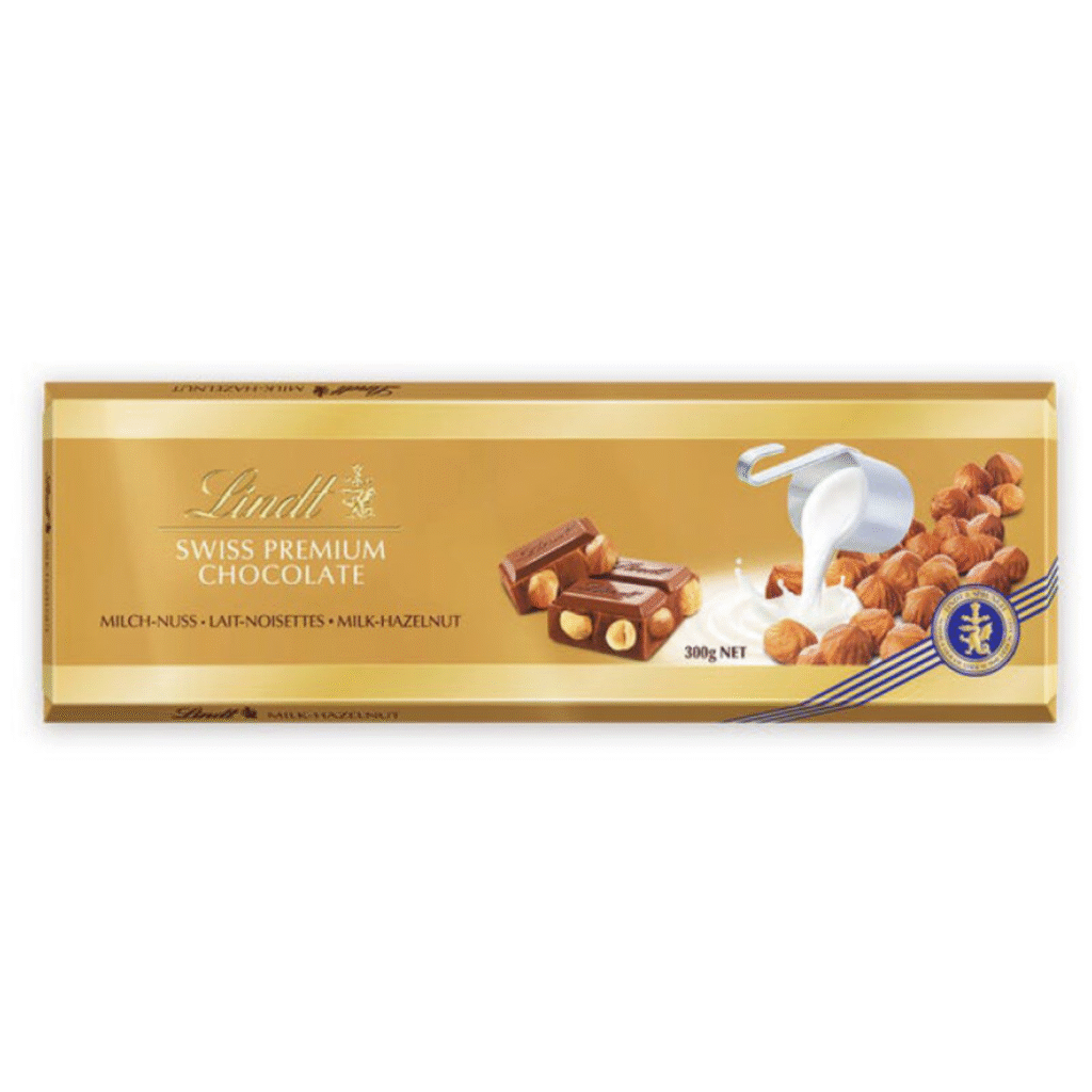 Lindt Gold млечен шоколад с цели лешници, златна опаковка, 300 г