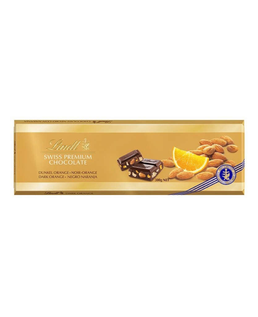 Lindt Gold тъмен шоколад с портокал и бадем, луксозна опаковка, 300 г