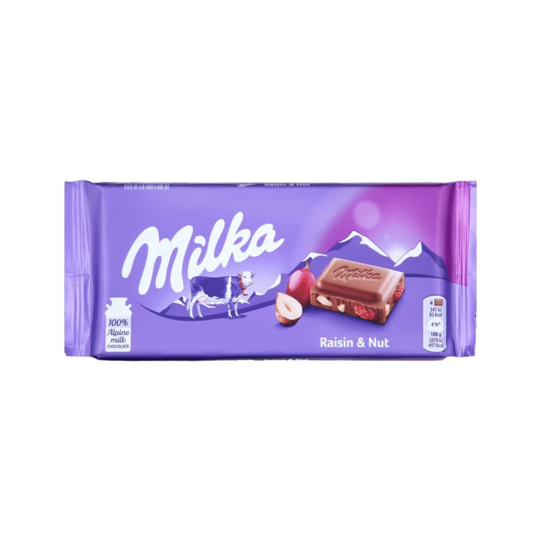 Milka млечен шоколад със стафиди и лешници, 100 г