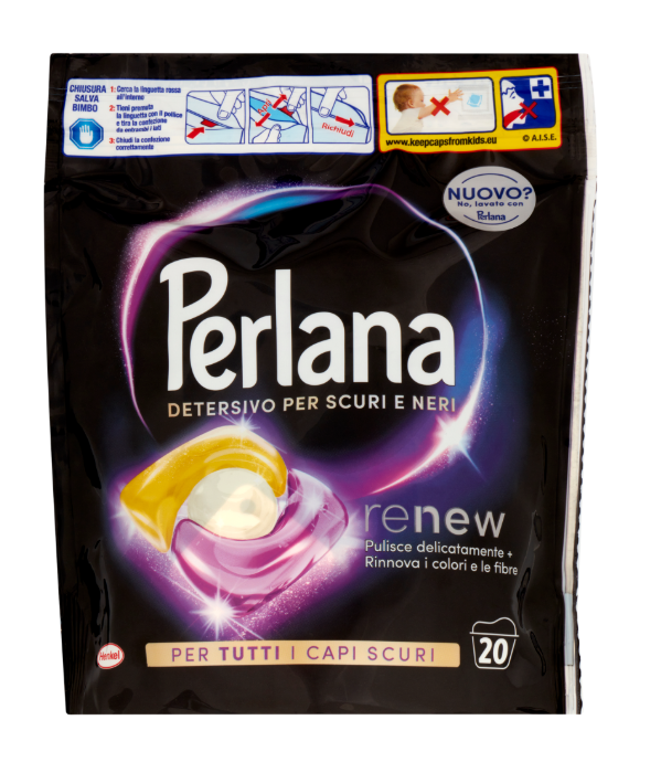 Опаковка с 20 капсули Perlana Ecodosi Nero за пране на тъмни и черни дрехи.