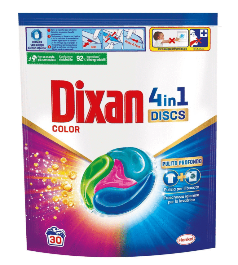 Опаковка с 30 капсули Dixan Discs Color – за ярко и чисто цветно пране.