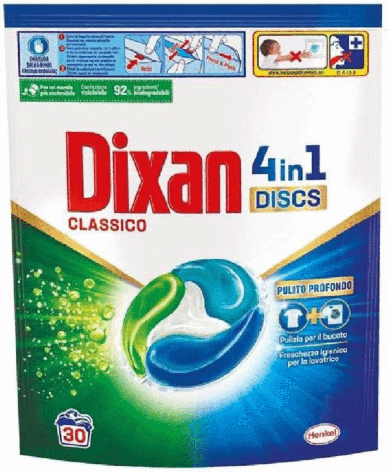 Опаковка с 30 капсули за пране Dixan Discs Classico – за блестяща чистота и грижа за тъканите.