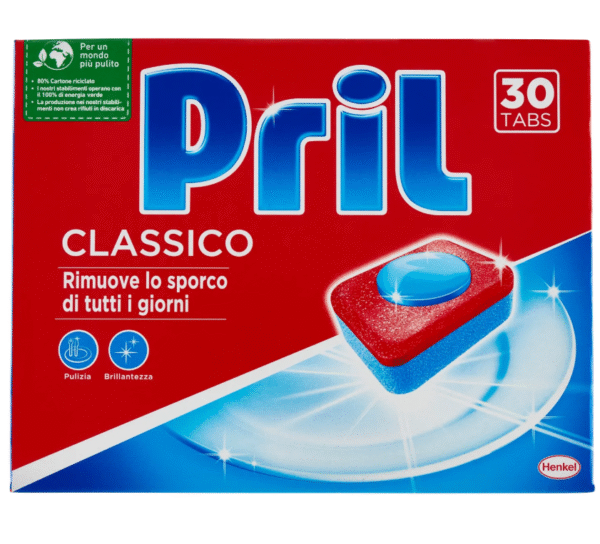 Кутия с 30 таблетки за съдомиялна Pril Hygiene-Bicarbonate.