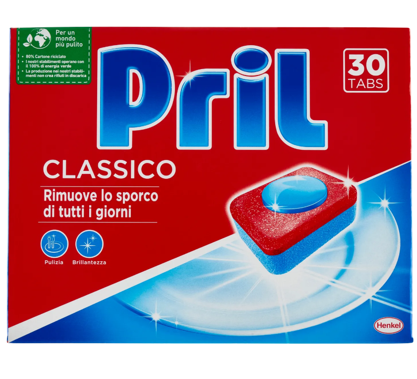 Кутия с 30 таблетки за съдомиялна Pril Hygiene-Bicarbonate.