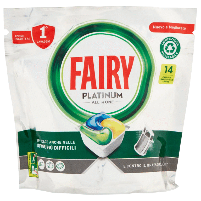 Опаковка на Fairy Platinum Lemon – 14 капсули за съдомиялна с жълти и бели елементи и лимонов акцент.