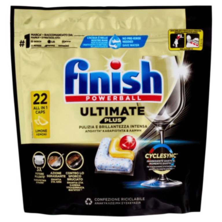 Опаковка на Finish Ultimate Plus Lemon – 22 лимонови таблетки за съдомиялна в жълто и синьо със силен почистващ акцент.