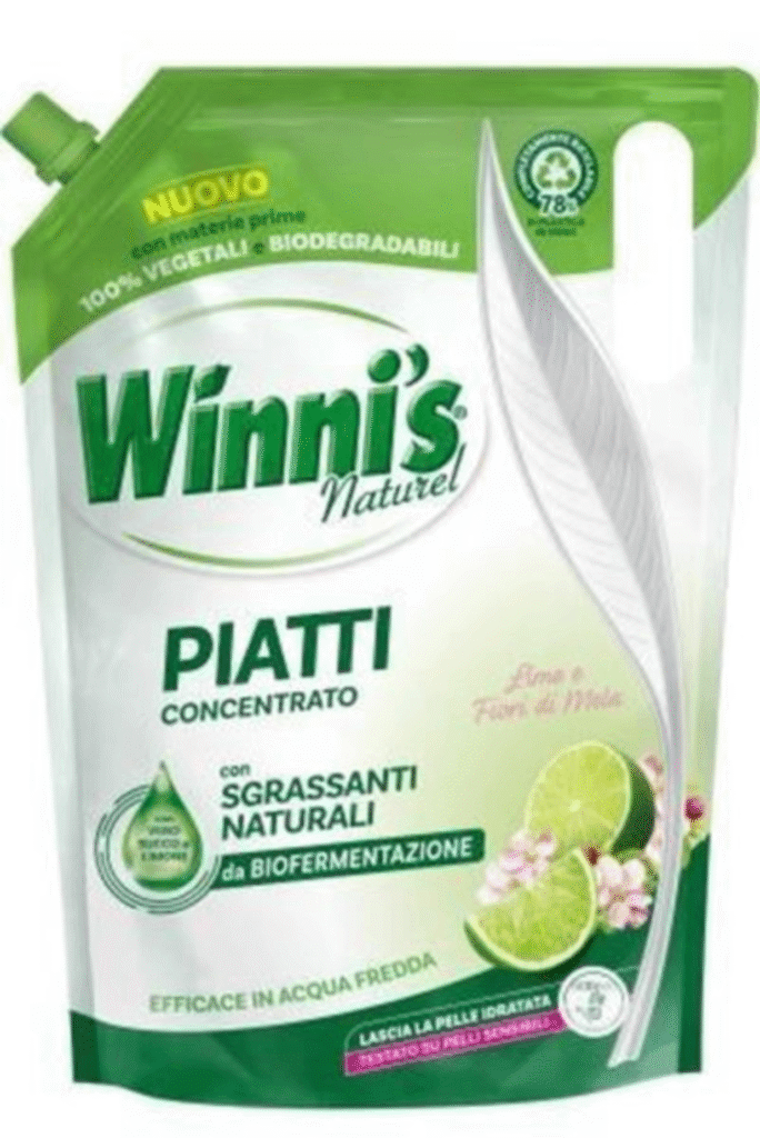 Опаковка 900 ml еко препарат за съдове Winni's Piatti с лимонов аромат
