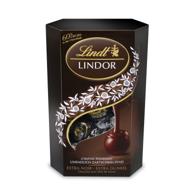 Lindt Lindor Cornet Тъмен шоколад 60% 200 г – шоколадови бонбони с 60% какао и кремообразен пълнеж.