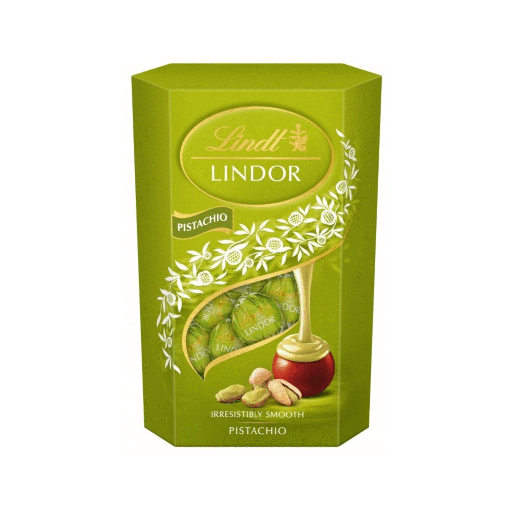 Lindt Lindor Cornet Бонбони с шам фъстък 200 г – шоколадови бонбони с кремообразен пълнеж с вкус на шам фъстък, произведени в Германия.