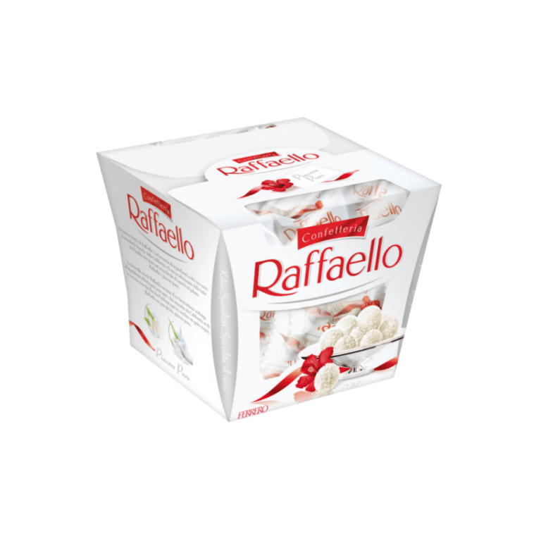 Кутия Raffaello 150 г с индивидуално опаковани кокосови бонбони – всяко с ядка бадем и кокосова обвивка.