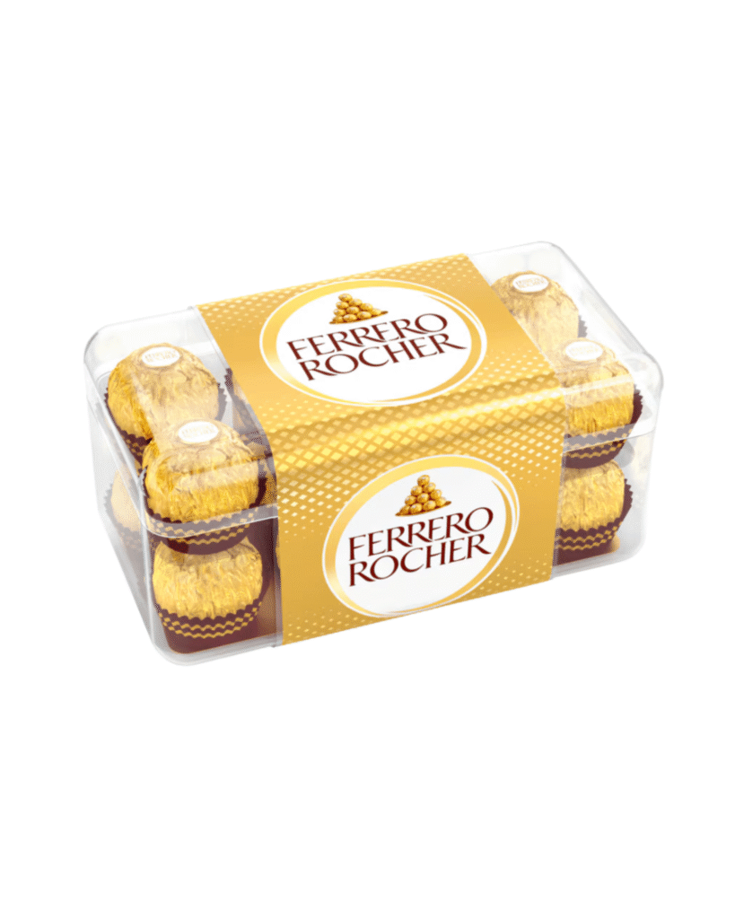 Ferrero Rocher Бонбони 200 г – шоколадови бонбони с кремообразен пълнеж и цял лешник, произведени в Германия.