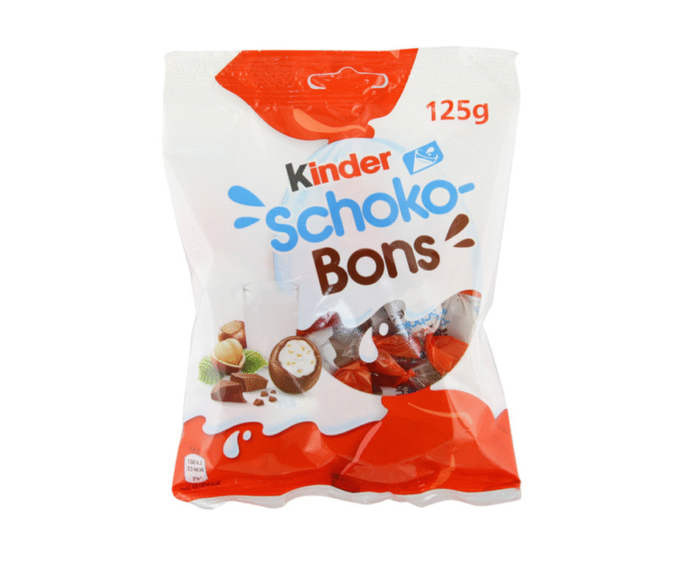 Kinder Schoko-Bons 125 г – шоколадови бонбони с млечен пълнеж и лешници, обвити в млечен шоколад.