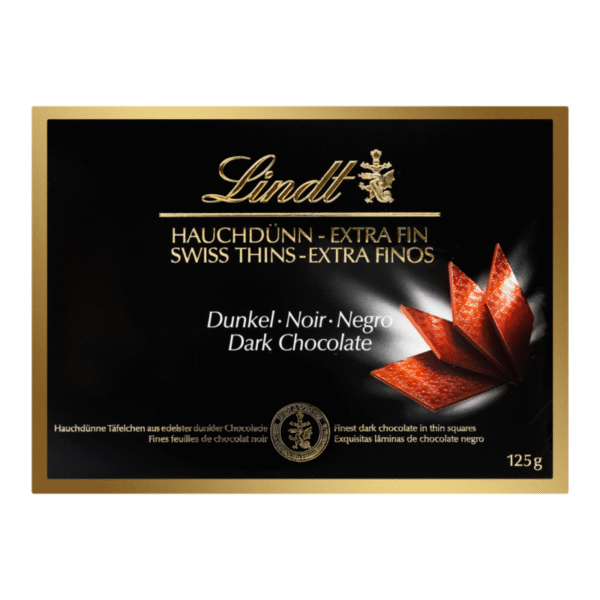 Бонбони Lindt Swiss Thins Тъмен Шоколад 125 г – тънки листчета фин тъмен швейцарски шоколад в елегантна кутия