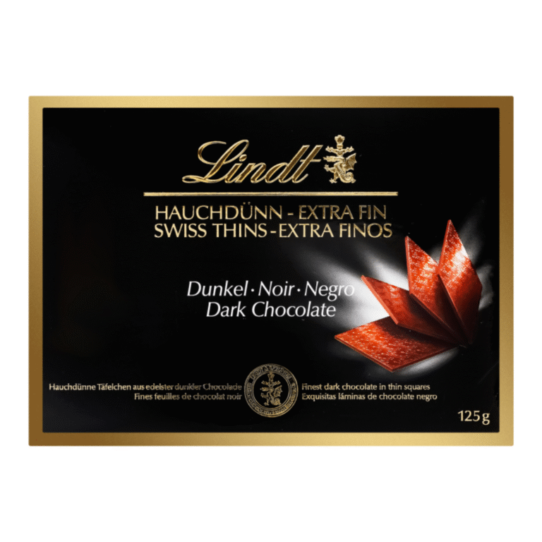 Бонбони Lindt Swiss Thins Тъмен Шоколад 125 г – тънки листчета фин тъмен швейцарски шоколад в елегантна кутия