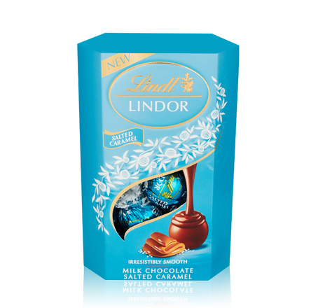LINDOR CORNET Бонбони Солен Карамел 200 г – шоколадови бонбони с меко топящ се солен карамелен пълнеж.