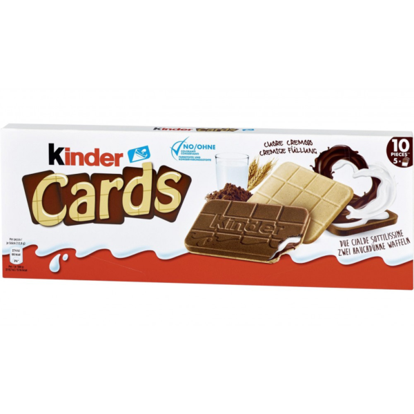 Kinder Карти – вафлени десерти с млечно-какаов пълнеж в правоъгълна опаковка, 128 г