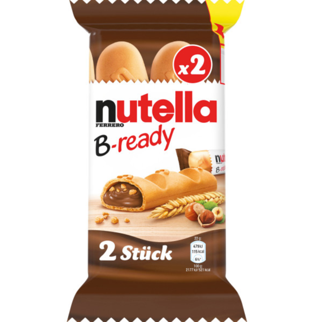 Nutella B-Ready – опаковка с 3 хрупкави мини вафли, пълни с крем Nutella и зърнени хрупки, 44 г