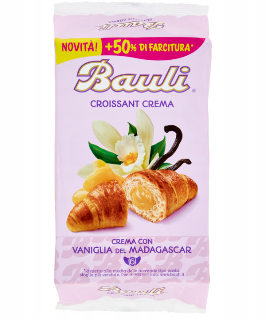 Опаковка на кроасан Bauli с ванилов крем – 300 г, показваща разрязан кроасан с апетитен крем вътре, върху неутрален фон.