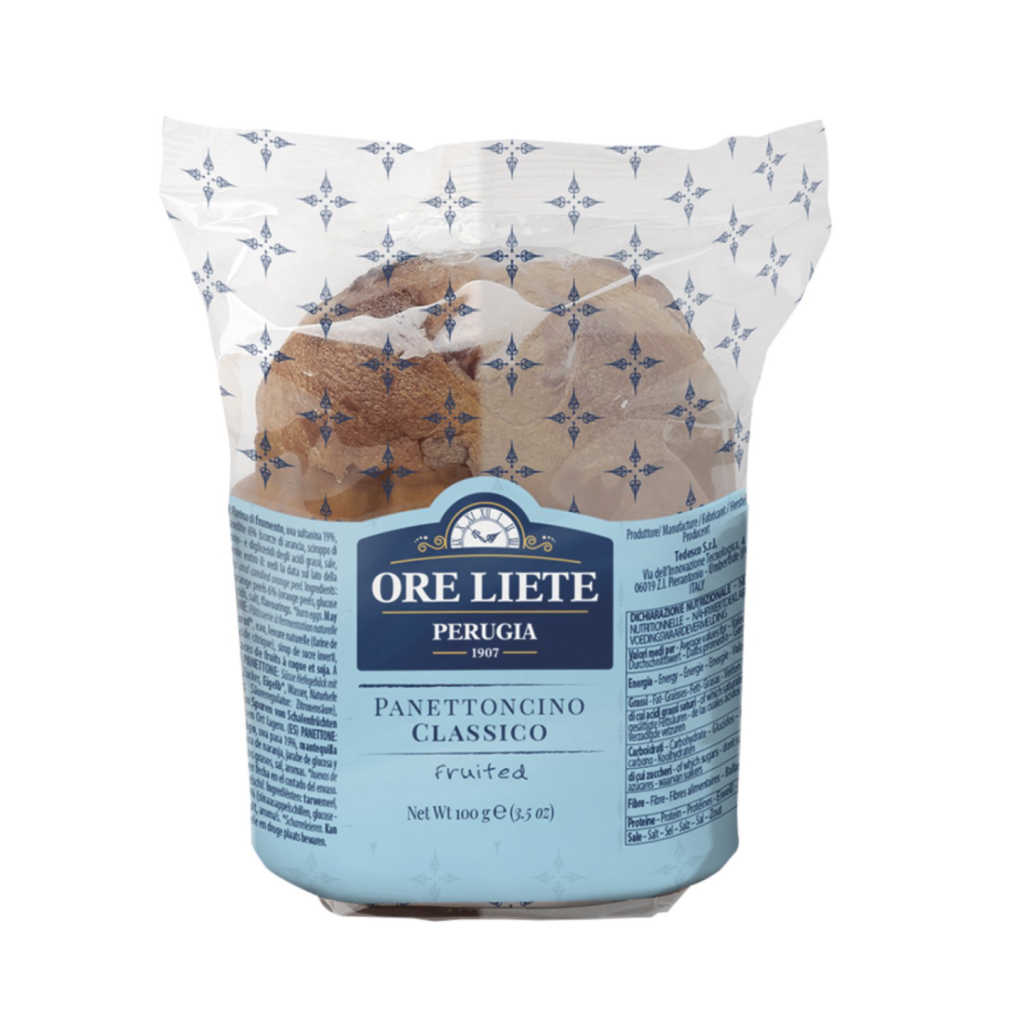 Мини панетоне Oreliete Класик 100 г в малка подаръчна опаковка с изображение на разрязан сладкиш с видими стафиди и портокалови кори.