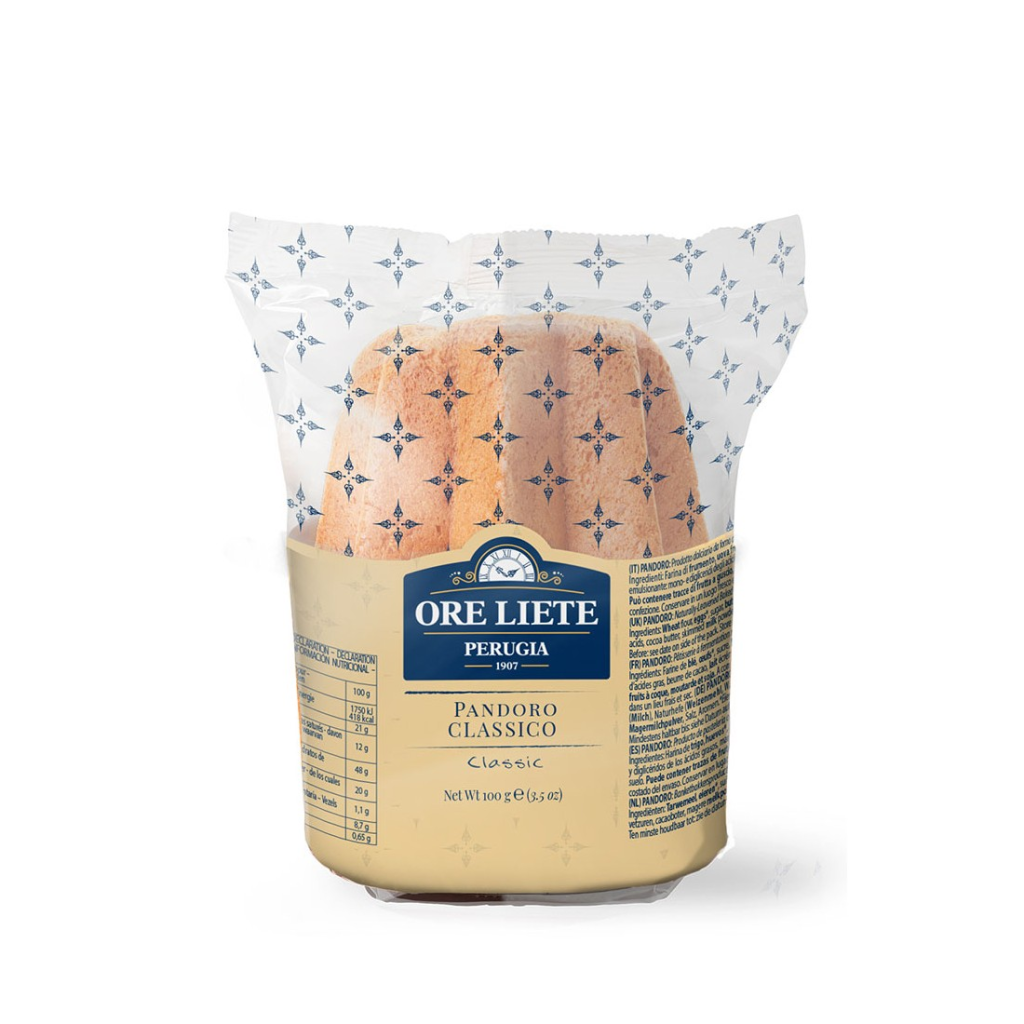 Мини панетоне Oreliete Класик 100 г в малка подаръчна опаковка с изображение на разрязан сладкиш с видими стафиди и портокалови кори.