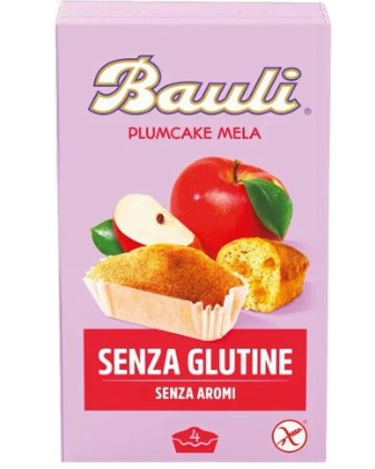 Опаковка на Bauli кексче с ябълка без глутен и лактоза 132 г, показващо апетитно кексче с парченца ябълка.