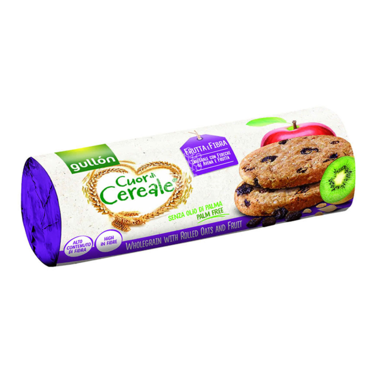 Опаковка на бисквити Gullon Cereal Heart 300 г с изобразени зърнени култури и бисквити на преден план.