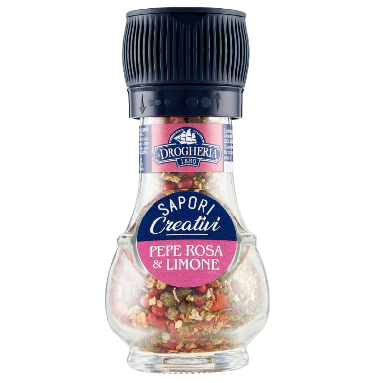 Стъклено бурканче с 33 г подправка розов пипер и лимон D&A – цитрусова и ароматна смес за специални вкусови преживявания.