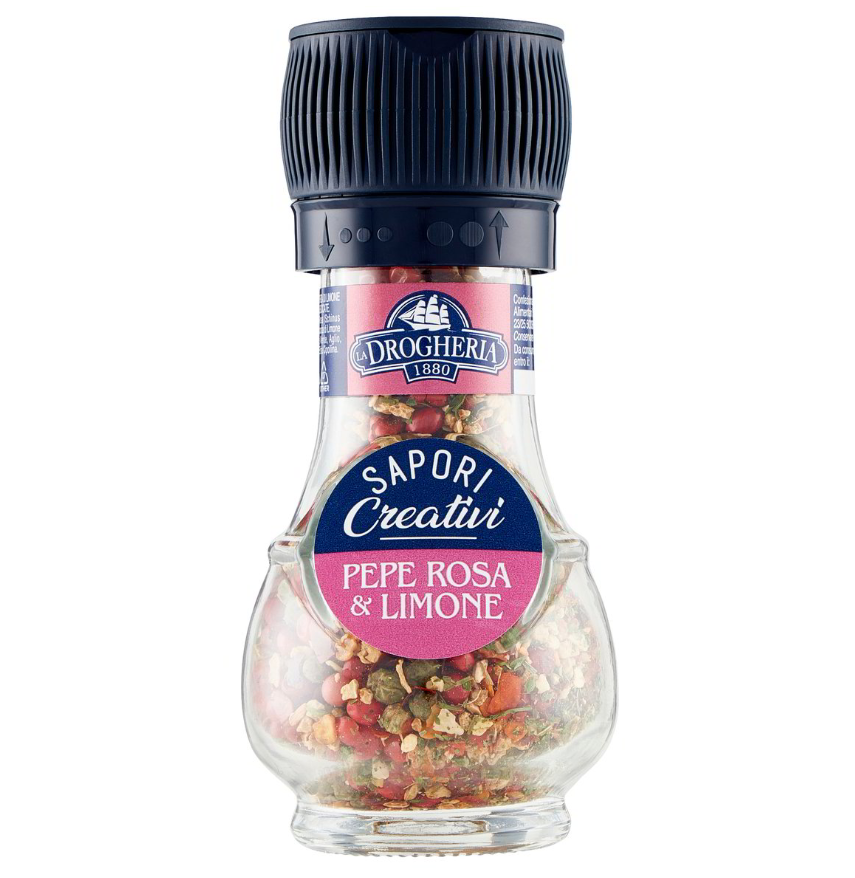 Стъклено бурканче с 33 г подправка розов пипер и лимон D&A – цитрусова и ароматна смес за специални вкусови преживявания.